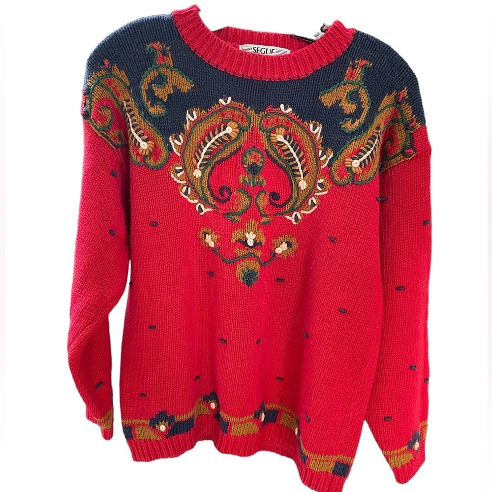 Vintage Segue Red Paisley crewneck knit sweater size small